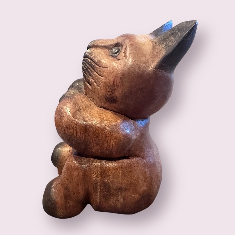 Hand-Carved Wooden Sitting Cat Figurine - Brown & Black Home Decor 8" Tall - Picture 3 of 9
